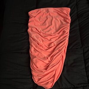 Express Vibrant Coral Ruched Midi Skirt